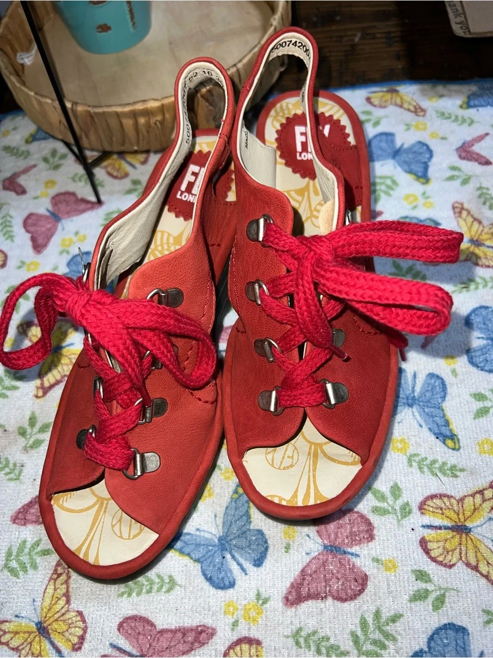 Fly London Ylfa Scarlet Red Leather Lace up Comfort Wedge Sandals Shoes